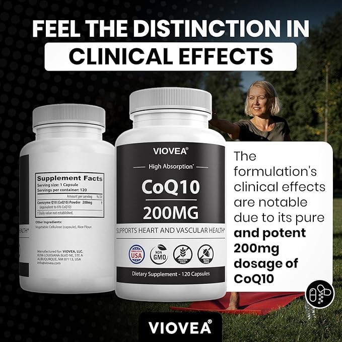 CoQ10 - Made in USA, 120 Capsules, 200mg (4-Month Supply), Ultra High Absorption Coenzyme Q10 Supplement - Antioxidant for Heart, Vascular Health and Energy Boost