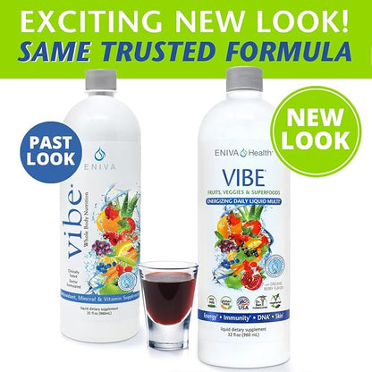 Eniva Health Vibe Liquid Multivitamins Mineral Supplements with Vitamins A, B12, C, D, E & Amino Acids | Fruits and Veggies Daily Supplement for Women & Men | Doctor Formulated | USA Made | 32 oz