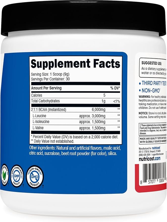 Nutricost BCAA Powder (Strawberry Kiwi, 30 Servings) - Optimal 2:1:1 Ratio