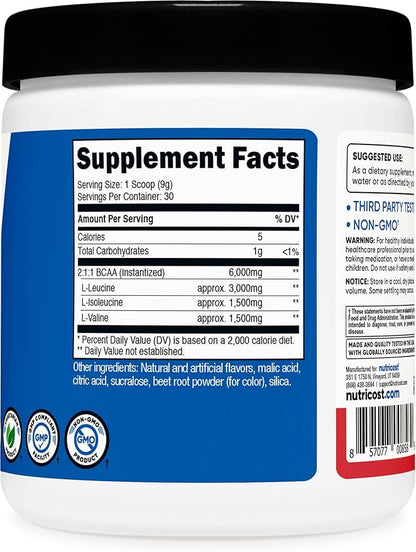 Nutricost BCAA Powder (Strawberry Kiwi, 30 Servings) - Optimal 2:1:1 Ratio
