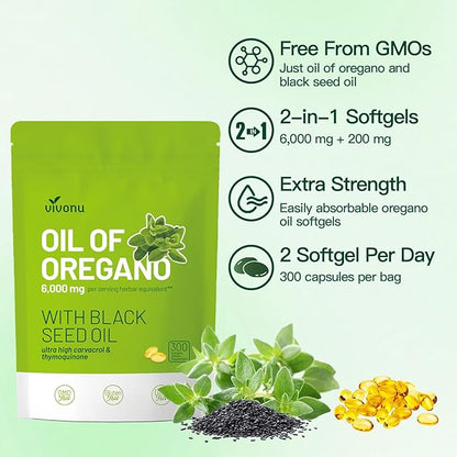 Oil of Oregano Capsules, Balanced Oil of Oregano with Black Seed Oil, Organic Oregano Oil Softgels,Carvacrol,Thymoquinone, Non-GMO