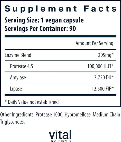 Vital Nutrients Vegan Pancreatic Enzymes - for Women & Men - Enzymes for Digestion Support Gut Health - Relief from Gas & Bloating - Gluten, Dairy, Soy Free - 90 Capsules