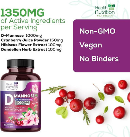 D-Mannose with Cranberry, Hibiscus & Dandelion 1350mg Advanced Formula – Urinary Tract Support Supplement for Women & Men – Flush & Cleanse Impurities – Non-GMO, Vegan for Women & Men – 60 Capsules