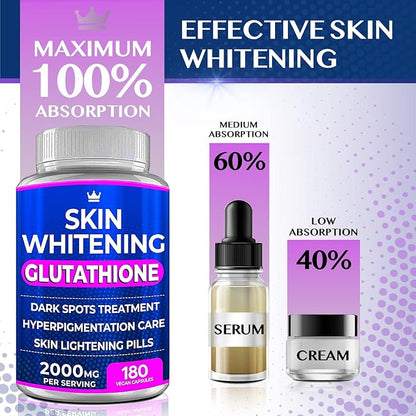 Glutathione Whitening Pills - 180 Capsules 2000mg Glutathione - Effective Skin Lightening Supplement - Dark Spots, Melasma & Acne Scar Remover, Hyperpigmentation Treatment - Anti-Aging Antioxidant