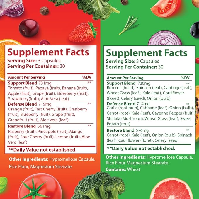 Fruits and Veggies Supplement - 90 Fruit and 90 Vegetable Capsules - 100% Whole Natural Superfood - Filled with Vitamins and Minerals - Supports Energy Levels (1 Pack)