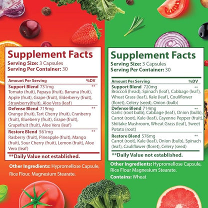 Fruits and Veggies Supplement - 90 Fruit and 90 Vegetable Capsules - 100% Whole Natural Superfood - Filled with Vitamins and Minerals - Supports Energy Levels (2 Pack)