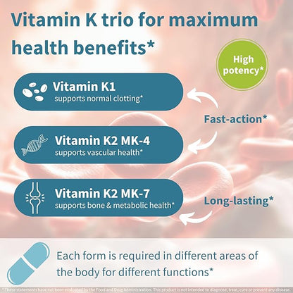 Igennus High Strength Triple Vitamin K Complex 2700 mcg, Vitamin K1 & K2 (MK-4 & MK-7), Advanced Bioactive Forms, Bone & Cardiovascular Support, Clean Label, Vegan, 90 Capsules