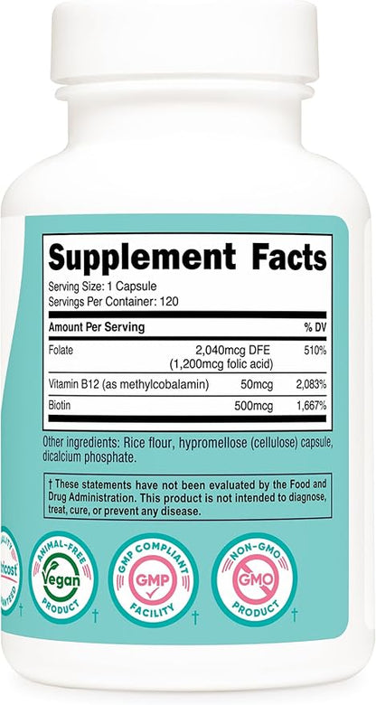 Nutricost Folic Acid for Women (Vitamin B9) 1200 mcg, 120 Capsules, with B12 and Biotin, Veggie Caps, Non-GMO & Gluten Free