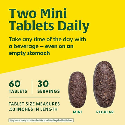 MegaFood Blood Builder Minis, Iron Supplement Clinically Shown to Increase Iron Levels Without Side Effects - Vegan Supplement with Vitamin C, Vitamin B12 & Folic Acid, 60 Tablets (30 Servings)