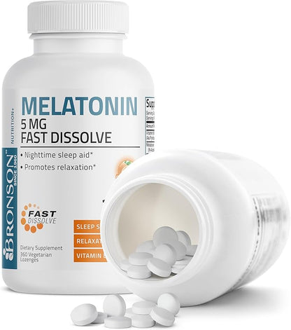 Bronson Melatonin 5mg Fast Dissolve Orange Flavor Tablets with Vitamin B6 - Promotes Relaxation, 360 Vegetarian Chewable Lozenges