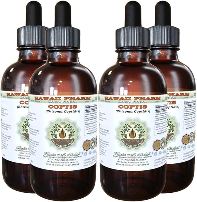 Coptis Alcohol-Free Liquid Extract, Coptis (Rhizoma Coptidis) Dried Root Glycerite Hawaii Pharm Natural Herbal Supplement 4x4 oz