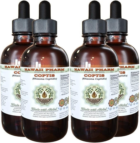 Coptis Alcohol-Free Liquid Extract, Coptis (Rhizoma Coptidis) Dried Root Glycerite Hawaii Pharm Natural Herbal Supplement 4x4 oz