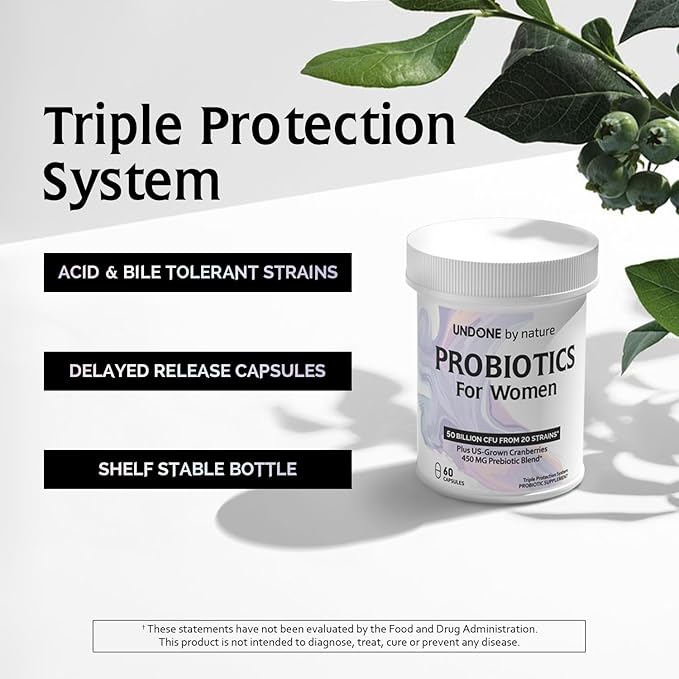 Probiotic for Women, 50 Billion CFU Women's Probiotics with Prebiotics, Plus US-Grown Cranberry, GI Support, Women's Health, Triple Protection System, Delayed Release, 60 Capsules
