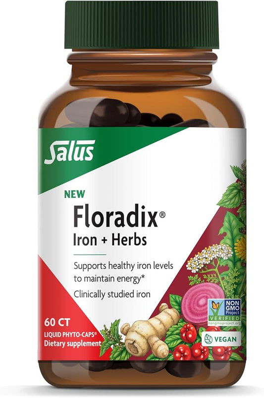 Floradix Iron + Herbs - Iron Supplement for Healthy Energy Support* - Vegan, Non-GMO, Gluten-Free, Soy-Free - 60 Liquid Phyto-Caps