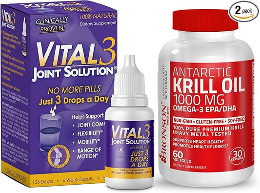 Vital 3 Joint Solution® Clinically Proven Liquid Knee Relief + Antarctic Krill Oil 1000 mg with Omega-3s EPA, DHA