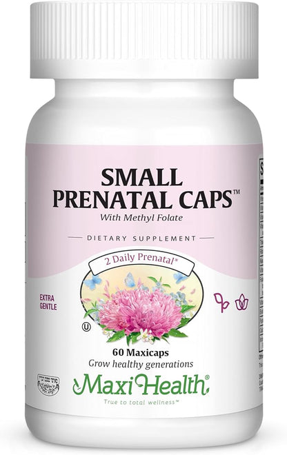 Maxi-Health Small Prenatal Capsules with Methyl Folate - Minerals, Gentle Iron, Vitamins - Kosher, 60 Count