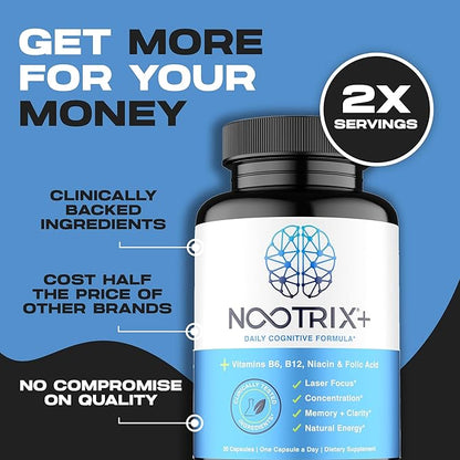 Brain Plus Nootropic Supplement | Supports Memory, Mental Focus, Cognitive Health & Energy | Promotes Healthy Mood & Brain Function | Vitamin B1, Vitamin B6 & Vitamin B12 | 30 Capsules