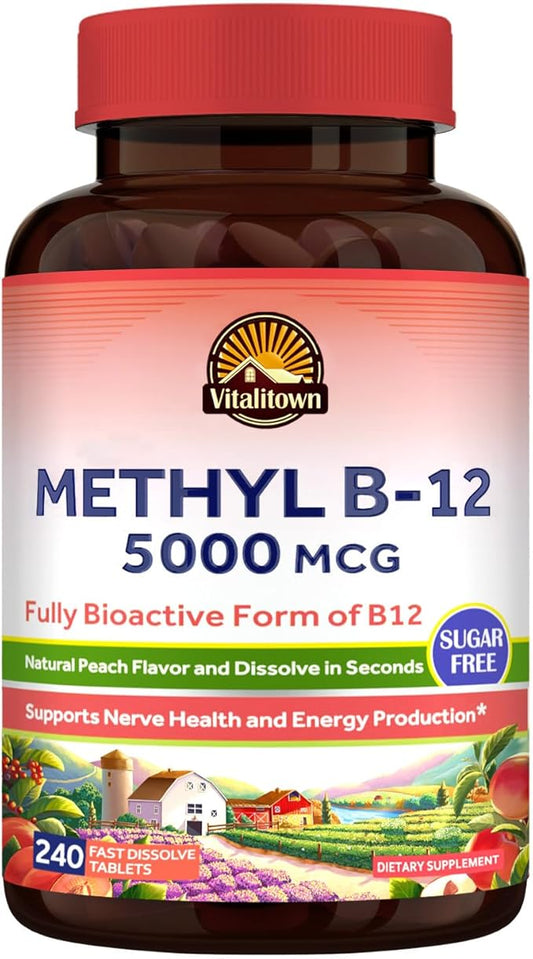 Vitalitown Vitamin B12 (Methyl B12) 5000 mcg, Fully Bioactive Form, Support Energy Production, Natural Peach Flavor, Zero Sugar, 240 Fast Dissolve Tablets