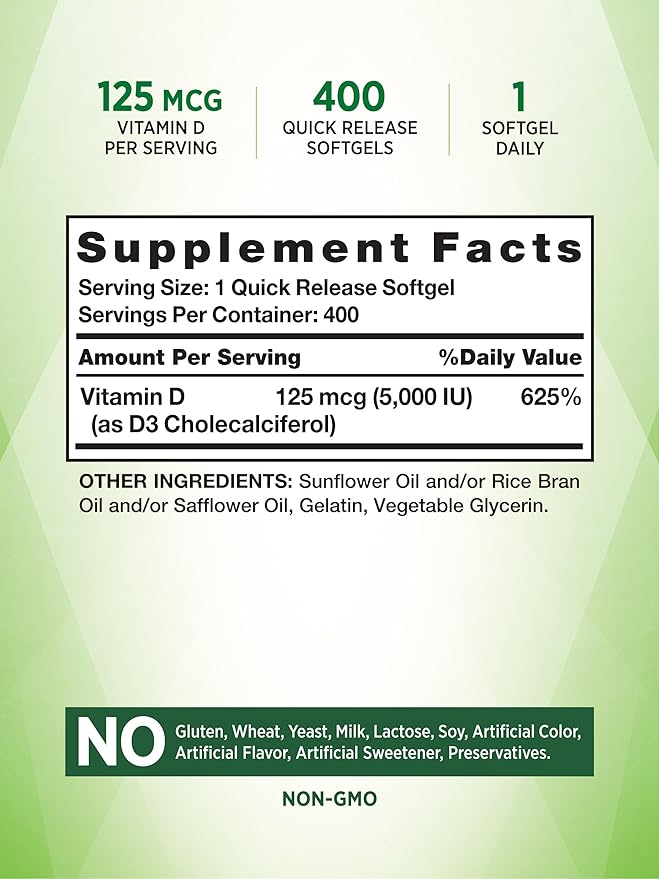 Nature's Truth Vitamin D3 5000 IU Softgels | 400 Count | High Potency | Non-GMO & Gluten Free Supplement