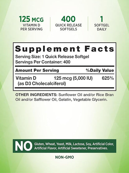 Nature's Truth Vitamin D3 5000 IU Softgels | 400 Count | High Potency | Non-GMO & Gluten Free Supplement