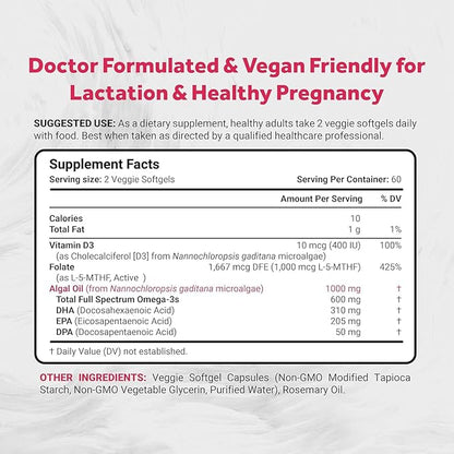 Vegan Prenatal with Full Specrum Omega-3 | Algae DHA, EPA, DPA, Vitamin D3 & Active Folic L 5-MTHF | Vegan Society Certified, Sustainably Sourced, Non-GMO & Soy Free | 120 Veggie Softgels