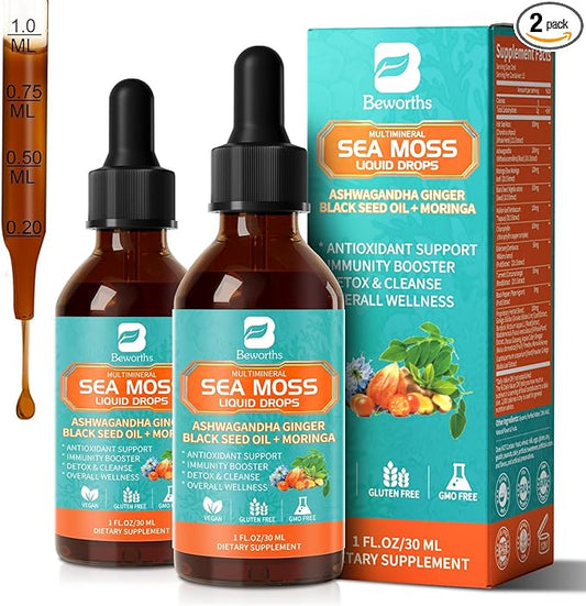 2PACK Sea Moss Drops - Irish Sea Moss Chlorophyll Liquid with Black Seed Oil, Ashwagandha, Moringa, Turmeric, Elderberry, Mullein, Seamoss Gel Supplement for Lung Cleaner, Detox & Gut, Immune Support