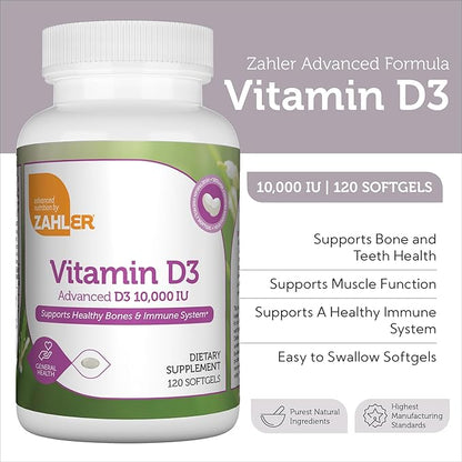 Zahler - Advanced Vitamin D3 10,000 IU Softgels (120 Count) Kosher Vegetarian Friendly Vitamin D for Immune Support, Bone, Teeth & Muscle Health - Daily D3 Vitamin Supplement for Adults - Easy Swallow
