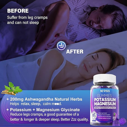 Potassium Magnesium Gummies - Potassium Supplement w/Ashwagandha 200mg, High Absorption Magnesium Glycinate,B6,B12,P-otassium Citrate for Leg Cramps,Muscle,Electroyte for Adults Kids,Sugar-Free,1Pack
