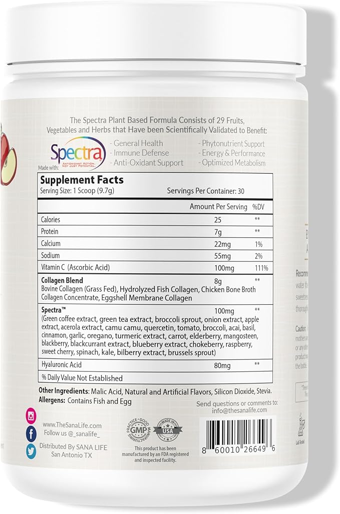 Collagen & Greens Powder, Multi-Collagen Supplement with Hyaluronic Acid for Skin, Hair, Nail & Gut Health - 30 Servings (Apple)