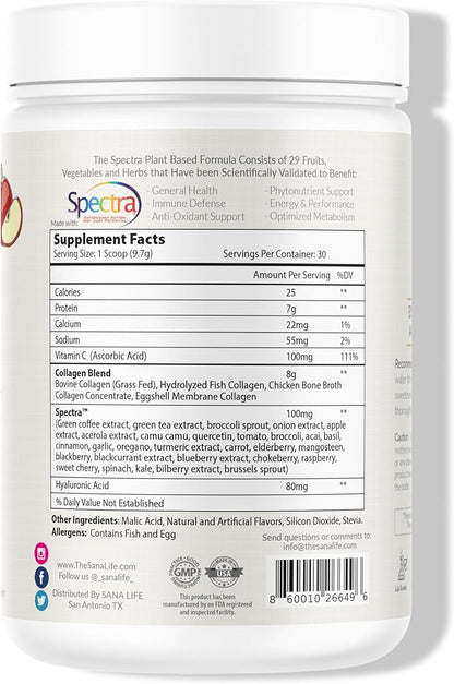 Collagen & Greens Powder, Multi-Collagen Supplement with Hyaluronic Acid for Skin, Hair, Nail & Gut Health - 30 Servings (Apple)