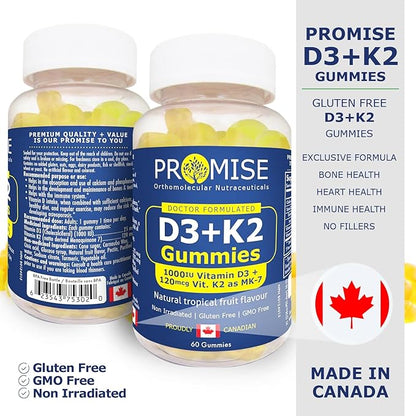 Promise D3+K2 Vitamin Gummy, 1000IU Vitamin D3 + 120mcg VIT K2 as MK-7, Natural Tropical Fruit Flavour, Made in Canada (60 Gummies)