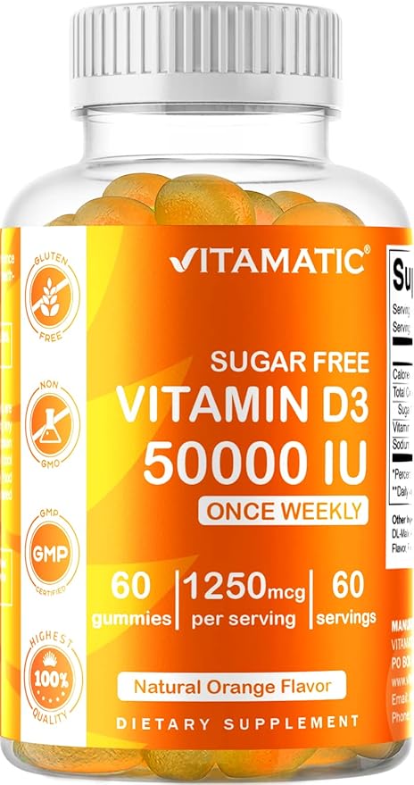 Vitamatic Sugar Free Vitamin D3 50,000 IU Weekly Supplement – 60 Pectin-Based Gummies High-Potency Vitamin D for Bone, Teeth & Immune Support
