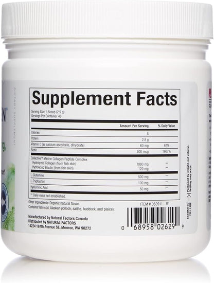 Natural Factors Total Body Marine Collagen, Bioactive Peptides Powder for Healthy Skin, Hair & Joints, Unflavored, 4.8 Oz