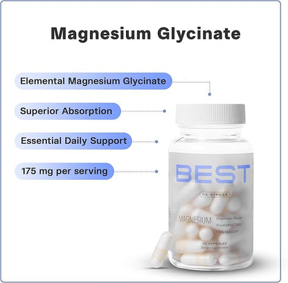 Best Magnesium Glycinate Capsules 175mg | Support for Stress Relief, Sleep, Heart Health, Nervous System and Muscles | Magnesium Supplement to Support Sleep | Vegan | 30 Day Supply - 30 Count