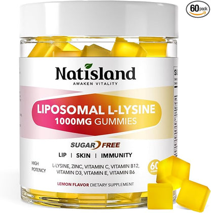 Liposomal L-Lysine Gummies 1000mg, Lysine Chewable Supplements for Kids & Adults, Lysine with Zinc & Vitamins, Lips & Oral Health, Immune Support, Sugar-Free, Lemon Flavor, 60 Ct