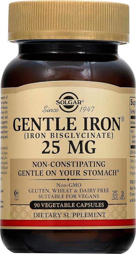 Solgar Gentle Iron (Iron Bisglycinate) 25 mg - 90 Vegetable Capsules - Non-Constipating, Gentle on Your Stomach - Gluten Free - 90 Servings