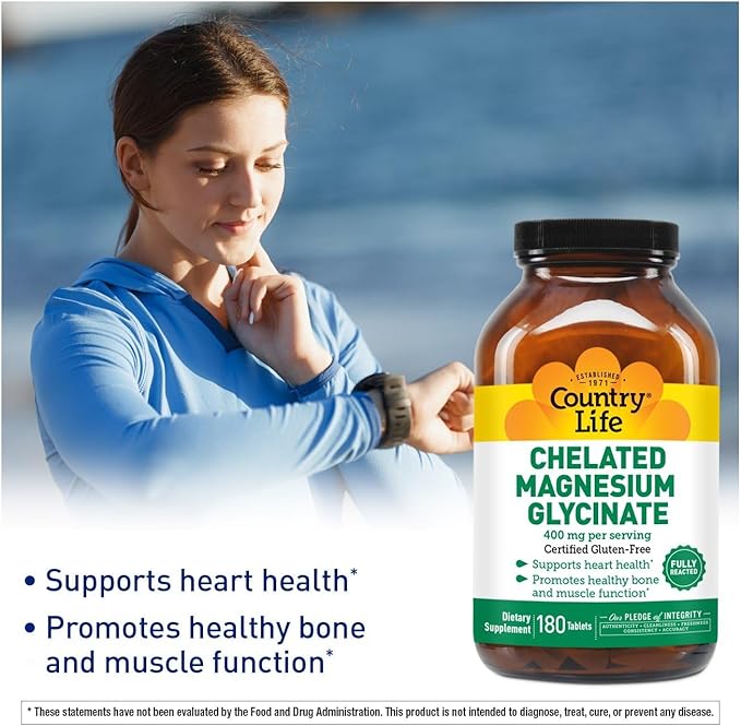 Country Life Chelated Magnesium Glycinate 400mg, 180 Tablets, Certified Gluten Free, Certified Vegan, Certified Halal, Non-GMO Verified