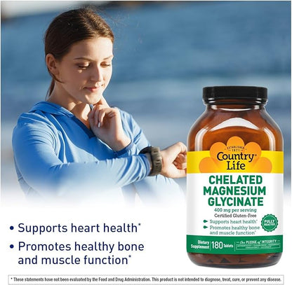 Country Life Chelated Magnesium Glycinate 400mg, 180 Tablets, Certified Gluten Free, Certified Vegan, Certified Halal, Non-GMO Verified