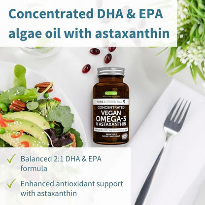 Igennus Vegan Omega-3 Natural Triglyceride Algae Oil, DHA & EPA Fatty Acid Supplement, 60 Small Softgels with Astaxanthin, Easy-to-Swallow, Pure & Sustainable, 30 Servings
