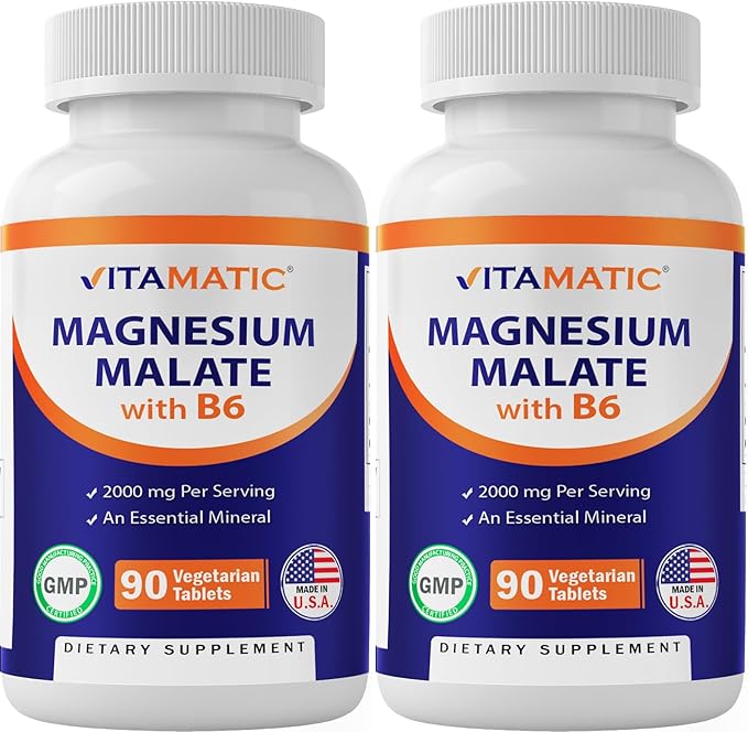 Vitamatic Magnesium Malate 2000mg per Serving - 90 Vegetarian Tablets - Added B6 for Maximum Absorption - Supports Muscle, Joint, and Heart Health* (2 Bottles, Unflavored)