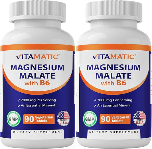 Vitamatic Magnesium Malate 2000mg per Serving - 90 Vegetarian Tablets - Added B6 for Maximum Absorption - Supports Muscle, Joint, and Heart Health* (2 Bottles, Unflavored)