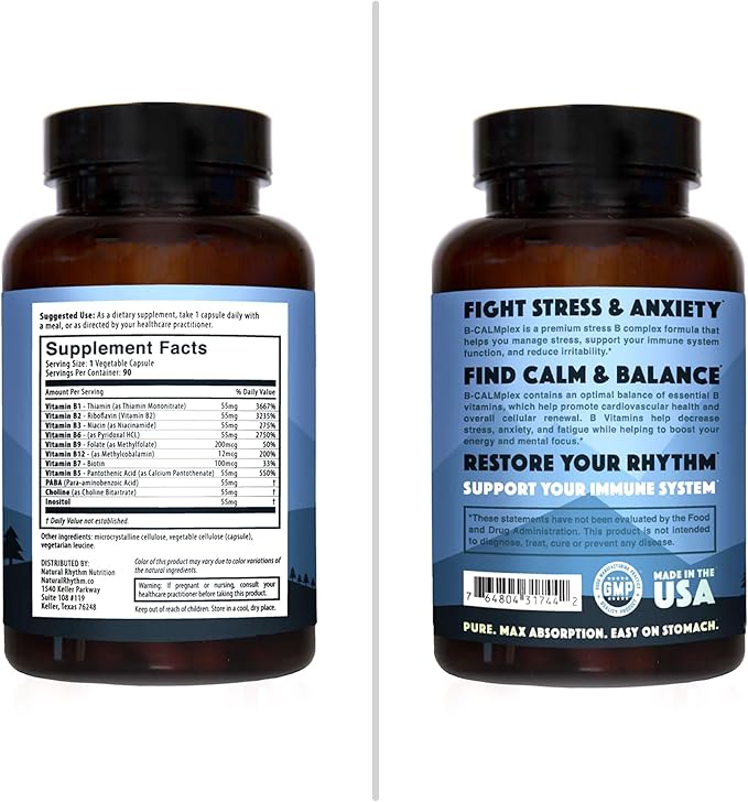 Natural Rhythm B-CALMplex, Unique B Vitamin Blend, B Complex Supports Proper Nerve Function and Relaxation, 3 Month Supply, 90 Capsules