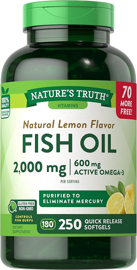 Nature's Truth Fish Oil 2000 mg | 600 mg Omega 3 | 250 Softgels | Natural Lemon Flavor | Non-GMO and Gluten Free Supplement