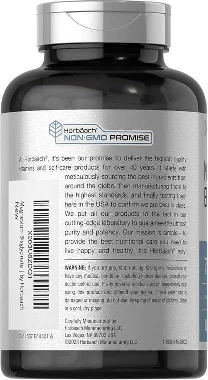 Horbäach Magnesium Bisglycinate | 120 Capsules | 750mg | Non-GMO and Gluten Free Supplement