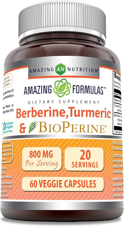 Amazing Formulas Berberine Turmeric & Bioperine 800mg Per Serving 60 Veggie Capsules Supplement | Non GMO | Gluten Free | Made in USA | Ideal for Vegetarians