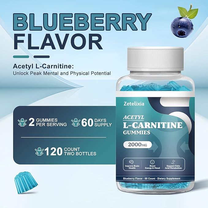 2 Pack Acetyl L-Carnitine Gummies, L-Carnitine Supplement for Women & Men, with Vitamin C & B12, ALCAR for Energy, Brain & Heart Health Support, Vegan, Non-GMO, Sugar Free, 120 Count