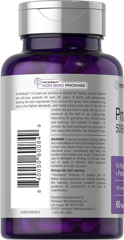 Horbaach Probiotics for Women and Men | 60 Capsules | 14 Probiotic Strains with Prebiotic | 50 Billion Active Organisms | Non-GMO & Gluten Free Supplement