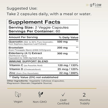 Quercetin with Vitamin C and Zinc - 500mg - Quercetin with Bromelain - Zinc Quercetin - 120 Veggie Caps - Elderberry with zinc and Vitamin c for Adults (Non-GMO, Vegan) 2 Months Supply