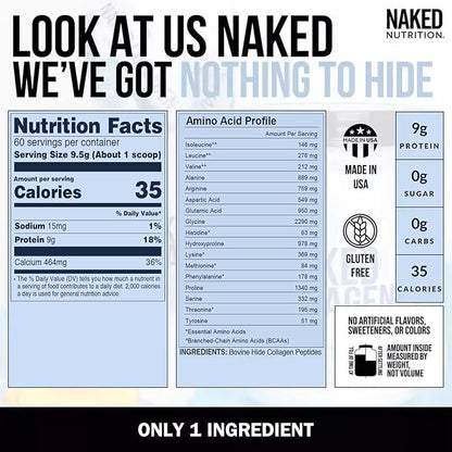 NAKED Collagen Peptides Protein Powder, 60 Servings, Pasture-Raised, Unflavored Grass-Fed Hydrolyzed Collagen Supplement, Paleo Friendly, Non-GMO, Keto, Gluten Free, 20oz