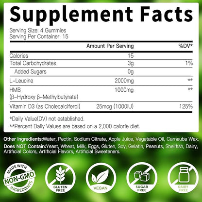 (2 Pack) HMB & L-Leucine Gummies 3000mg - with Vitamin D3 for Muscle Recovery, Energy, Endurance & Muscle Mass Increase - for Men & Women - Non-GMO, Vegan, Gluten-Free, Apple Flavor - 120 Gummies